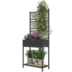 Outdoor Wicker Planter with Trellis for Climbing Plants, Freestanding Rattan Garden Box with Storage Shelf, Black