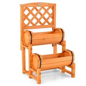 2-Tier Solid Fir Wood Raised Garden Bed with Trellis Cylindrical Planter Box for Climbing Plants