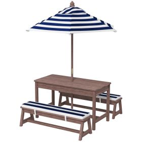 umbOutdoor Wooden Kids Picnic Table & Bench Set With Cushions And Umbrella, For Patio, Garden, Navy Blue (Option: Navy Blue)
