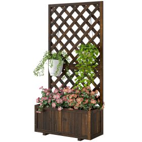 Wooden Raised Garden Bed Planting Planter Box with Trellis and Drain Holes for Climbing Vine Plants, Brown (Option: Brown-820x820x85 mm)
